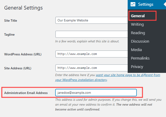 检查或更改 WordPress 管理电子邮件地址