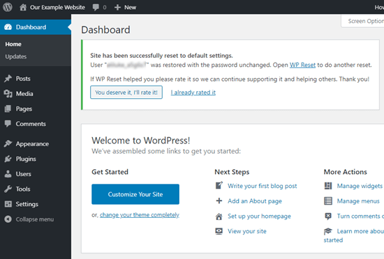 WPReset 确认您已成功重置 WordPress 网站的消息