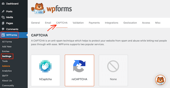 WPForms 验证码选项卡