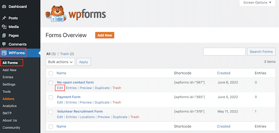 编辑 WPForms 表单