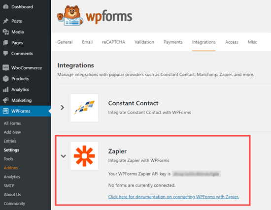 从 WPForms 获取您的 API 密钥以与 Zapier 一起使用