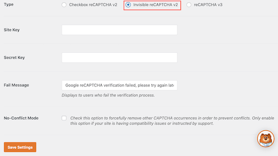 WPForms 的隐形 reCAPTCHA 设置