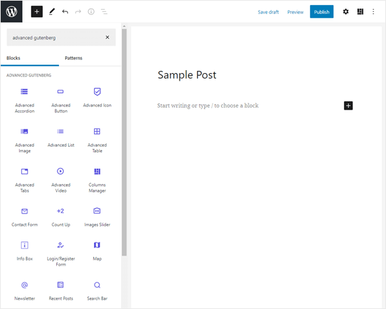 Advanced Gutenberg 块，显示在 WordPress 块编辑器中