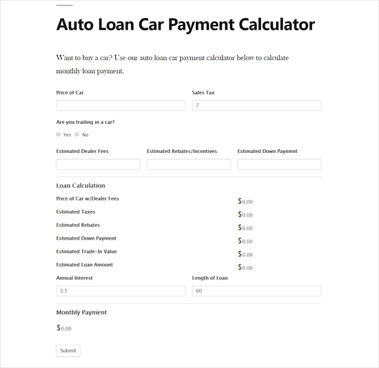 WordPress 网站预览中的汽车贷款汽车付款计算器