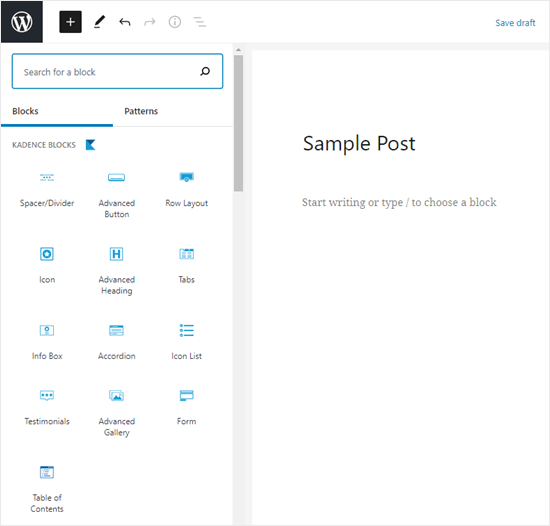 WordPress 块编辑器中显示的 Kadence 块