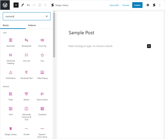 Stackable 块，显示在 WordPress 块编辑器中