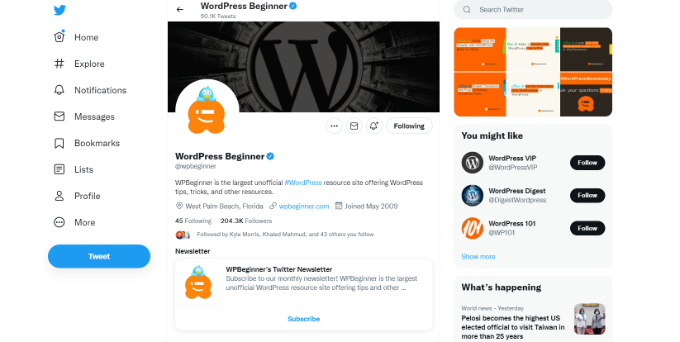 显示封面照片、个人资料图片和分享图片的 Twitter 个人资料页面 推特预览