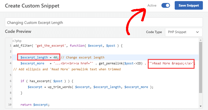 WPCode 编辑自定义摘录长度并激活它