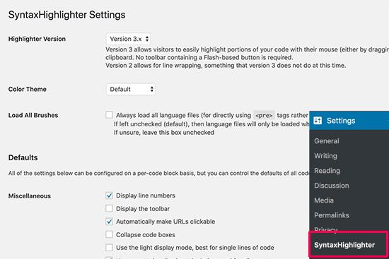 SyntaxHighlighter code block settings