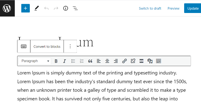 在 WordPress 块编辑器中将旧帖子内容转换为块 转换为块选项