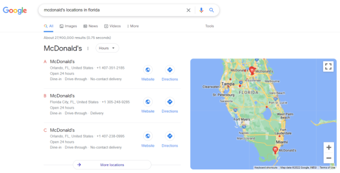 Google 上的多位置地图预览