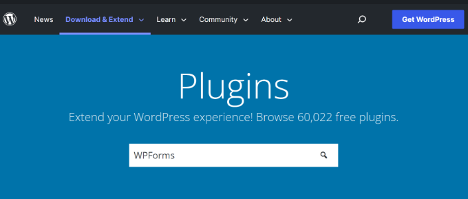 在 WordPress.org 中搜索 WPForms 插件 搜索插件