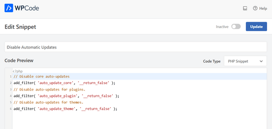 WPCode 的禁用自动更新片段