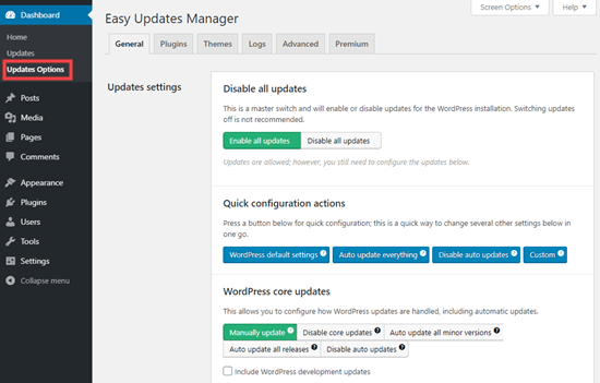 配置 Easy Updates Manager 插件的设置