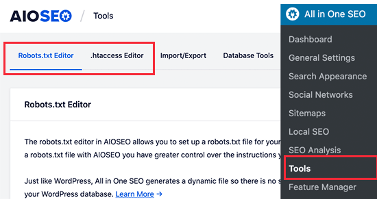 AIOSEO 中的 Robots.txt 和 .htaccess 文件编辑器