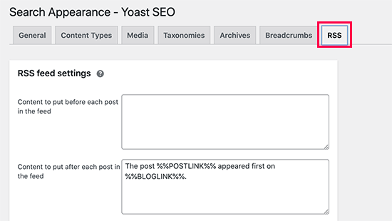 Yoast SEO 中的 RSS 设置