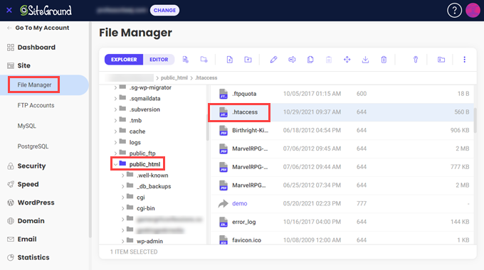 Siteground-文件管理器-htaccess 站点工具中的 SiteGround 文件管理器