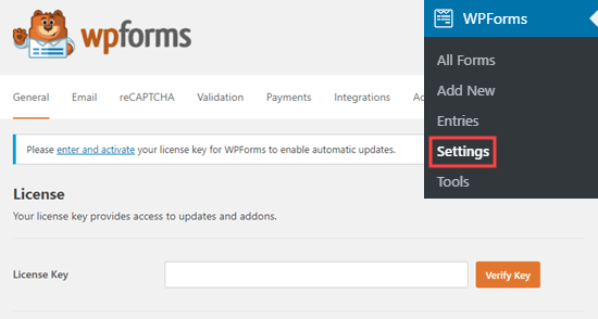 输入 WPForms 许可证密钥