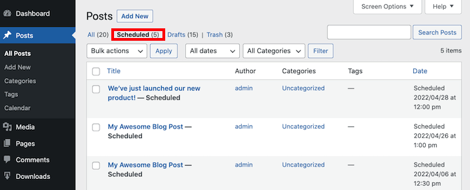 wordpress-时间表列表 WordPress仪表板中的计划选项卡。