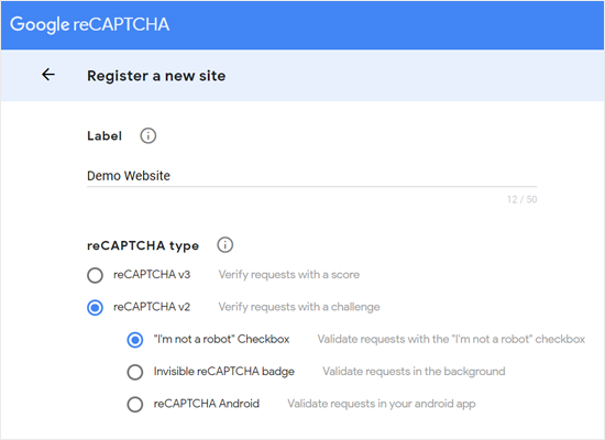 为谷歌reCAPTCHA注册一个新网站