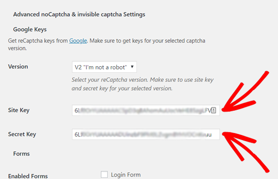 输入站点密钥和密钥以将reCAPTCHA添加到WordPress