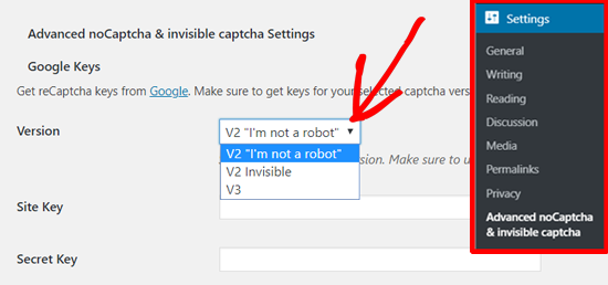 在高级noCAPTCHA和Invisible CAPTCHA（v2和v3）中选择Google reCAPTCHA V2