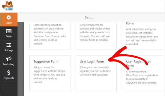 选择用户登录表单模板WPForms