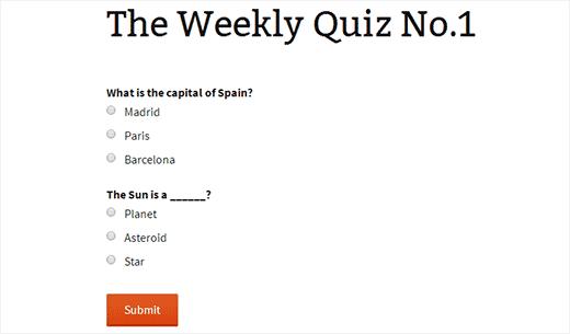 A demo quiz in WordPress created with Gravity forms