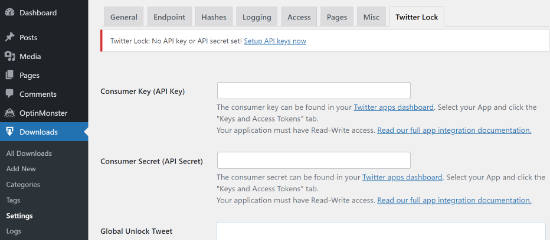 在下载监视器中输入 API 密钥和机密
