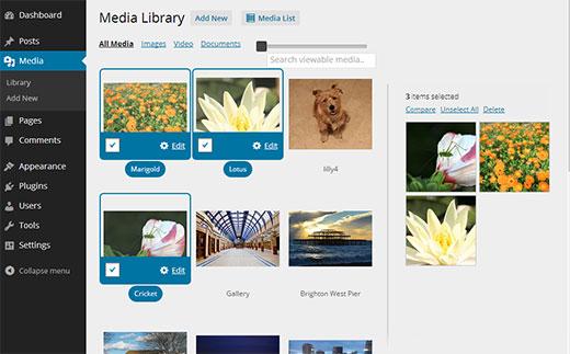 WordPress media library in grid view WordPress media library in grid view