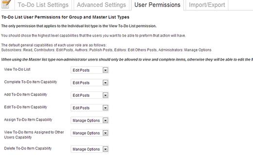User Permissions tab of to-do list settings