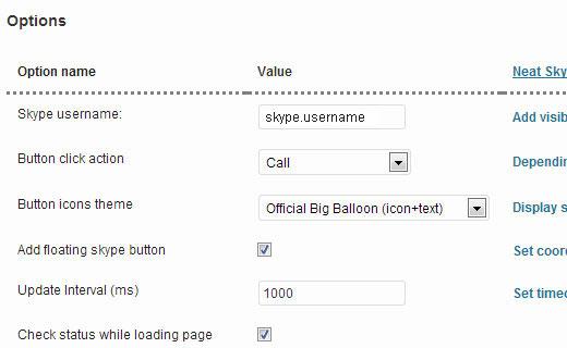 Configuration options of Neat Skype Status