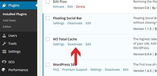 Deactivating W3 Total Cache plugin in WordPress