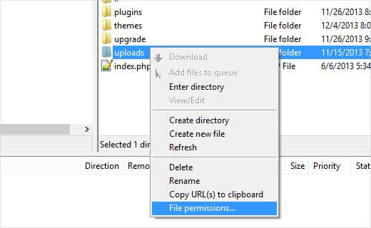 Opening File Permissions dialog box in Filezilla FTP Client