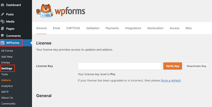 输入WPForms许可证密钥