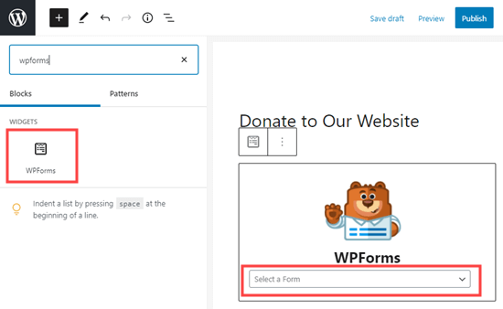创建WPForms块并从下拉列表中选择您的表单