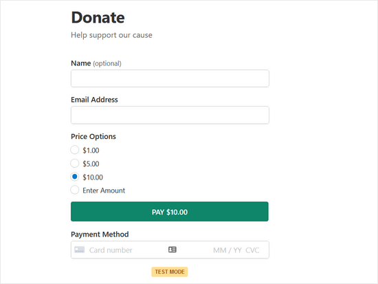 使用WP Simple Pay制作的捐赠表格示例