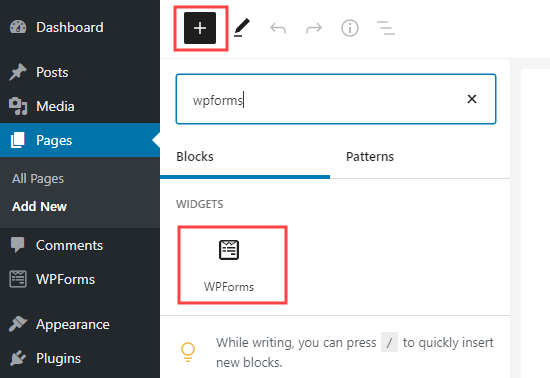在WordPress中将WPForms块添加到您的页面