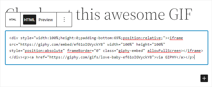 将GIPHY嵌入代码添加到html块中