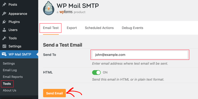 testemailsmtptoolstestemailpage 导航到WP Mail SMTP » 工具