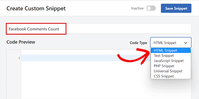 选择HTML作为Facebook评论计数代码片段的代码类型
