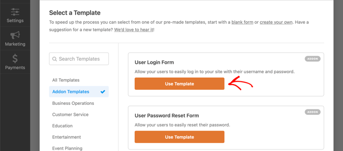 选择WPForms用户登录表单模板