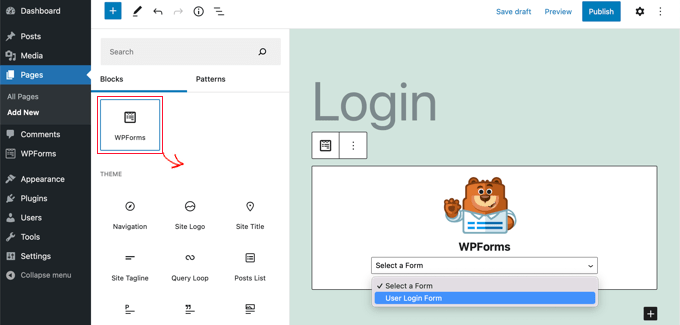 将WPForms块添加到任何帖子或页面，然后选择用户登录表单