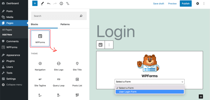 将WPForms块添加到任何帖子或页面,然后选择用户登录表单 将WPForms块添加到任何帖子或页面,然后选择用户登录表单