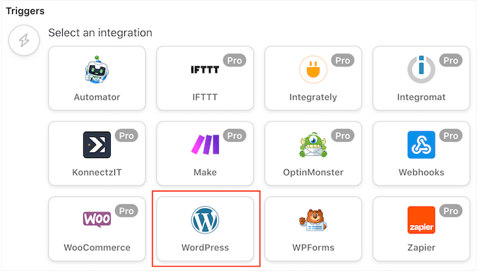 选择WordPress作为WordPress自动化工作流程的触发器 选择WordPress作为WordPress自动化工作流程的触发器