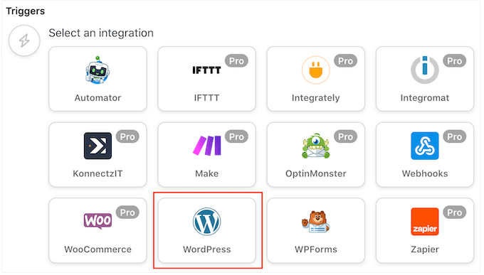 选择WordPress作为WordPress自动化工作流程的触发器