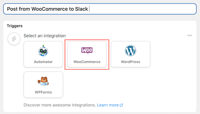 选择WooCommerce作为Slack自动食谱的触发器