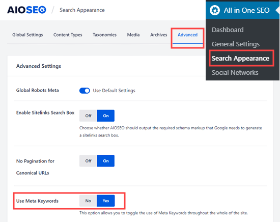 在All in One SEO中打开元关键字选项