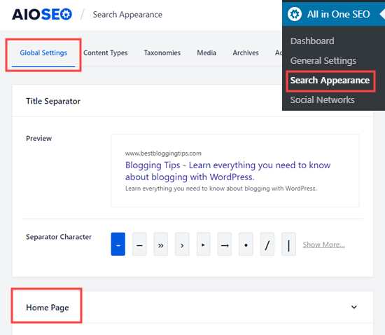All in One SEO的搜索外观设置中的主页部分