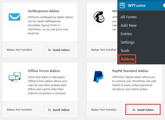 在WPForms中安装PayPal标准插件